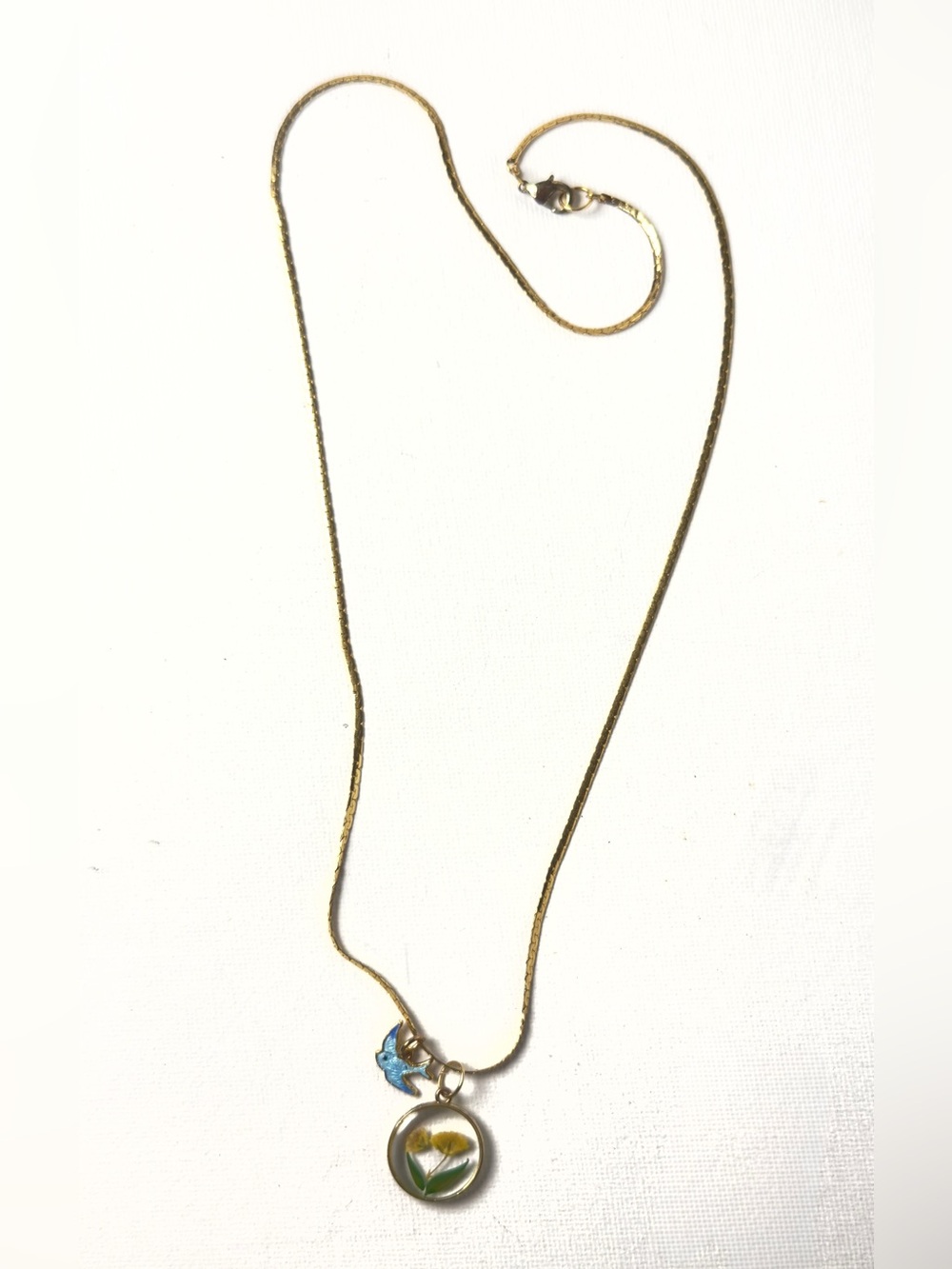 Gold-tone yellow flower resin pendant & blue bird charm necklace Costume jewelry